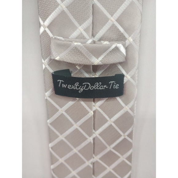 Twenty Dollar Tie‎ Men's 100% Silk Handmade Beige/Taupe Geometric Sheen Pointed - Picture 1 of 14